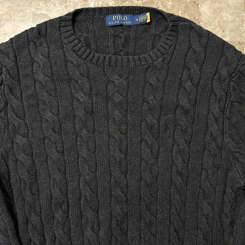 Polo Ralph Lauren Sweater Adult Medium Grey Cotton Cable Knit Crew Braided
